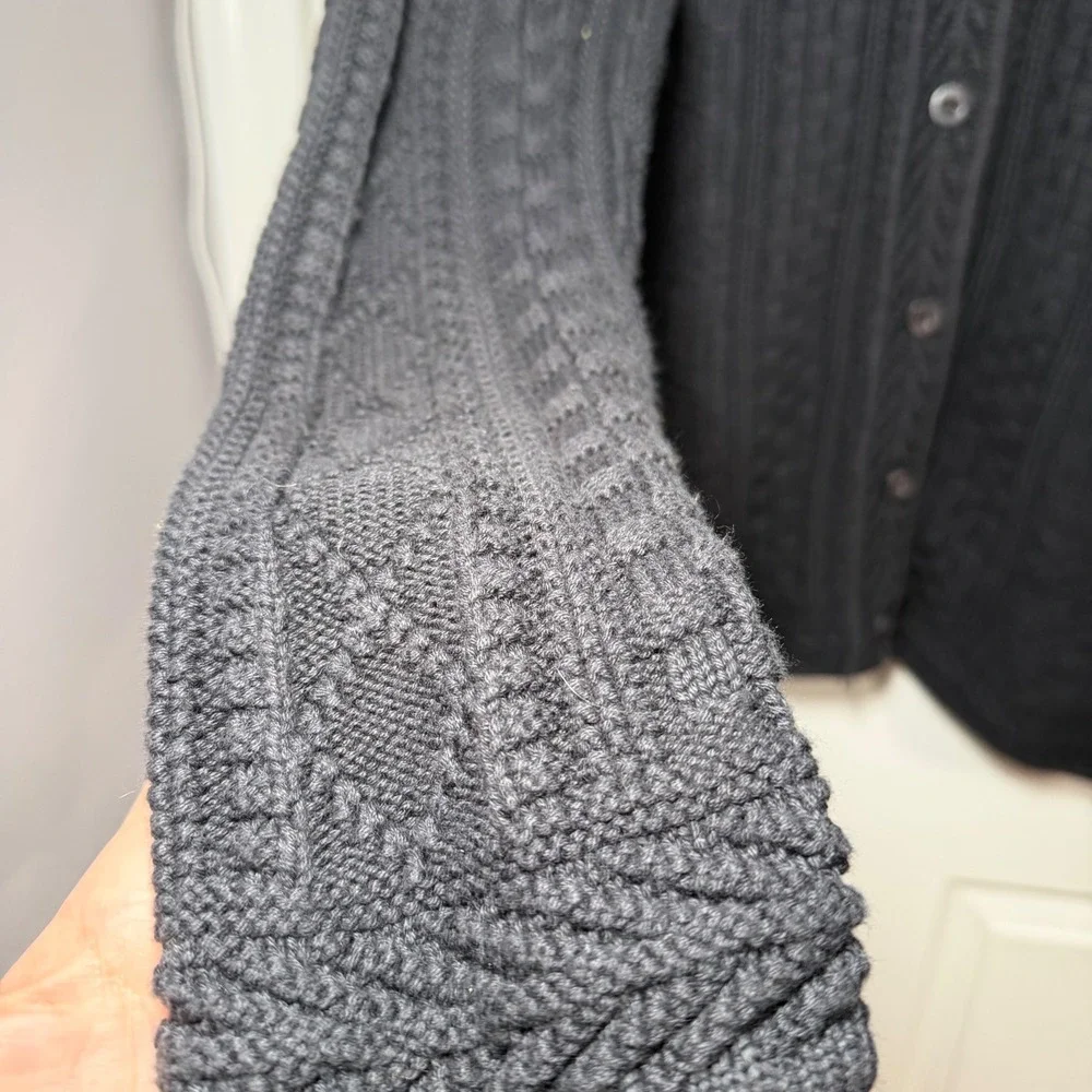 LL Bean Cardigan Sweater Womens 1X gray black Chunky CableKnit Fisherman Button